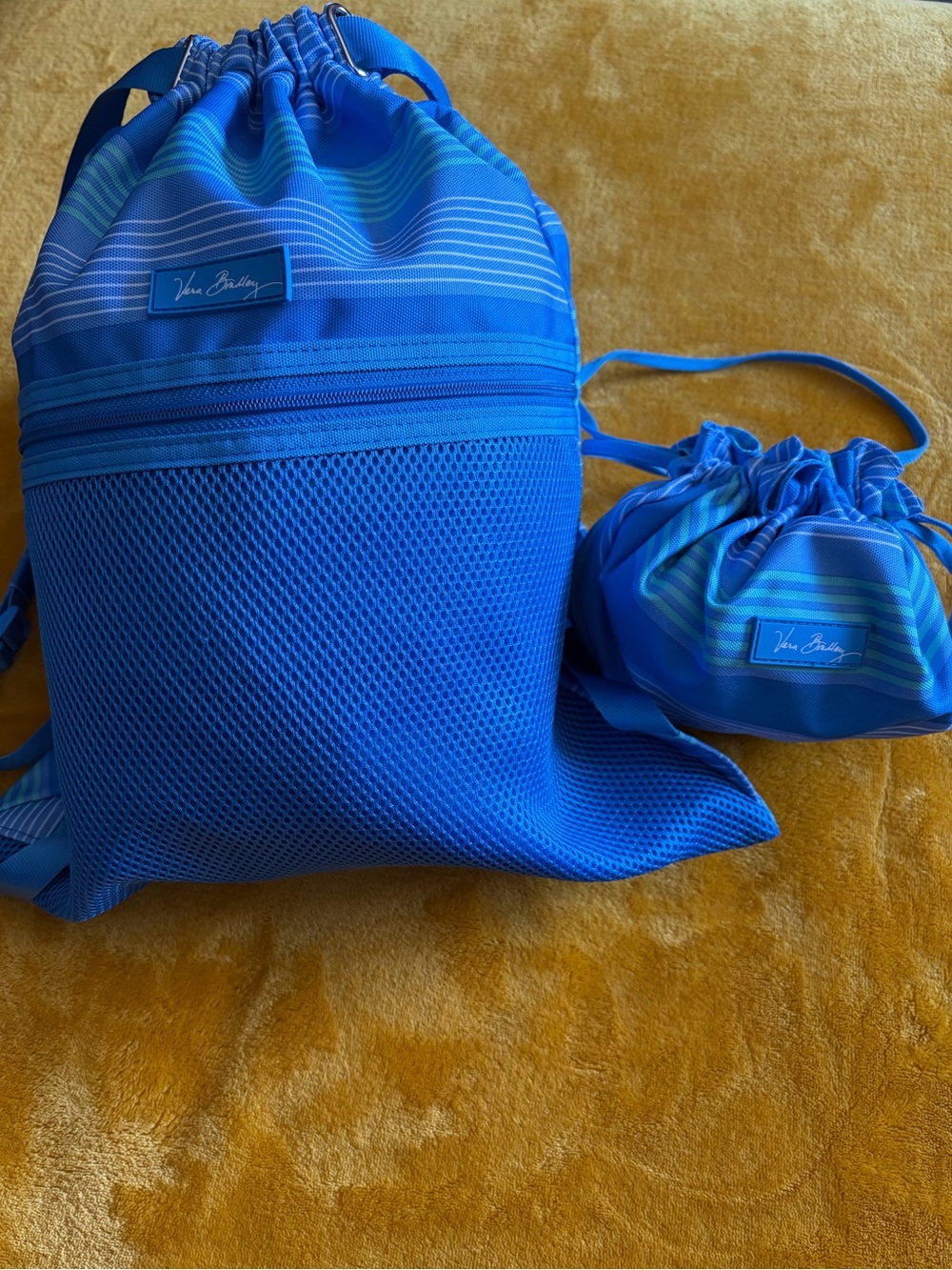 Vera Bradley Mesh Drawstring Backpack & Pouch Blue Stripe